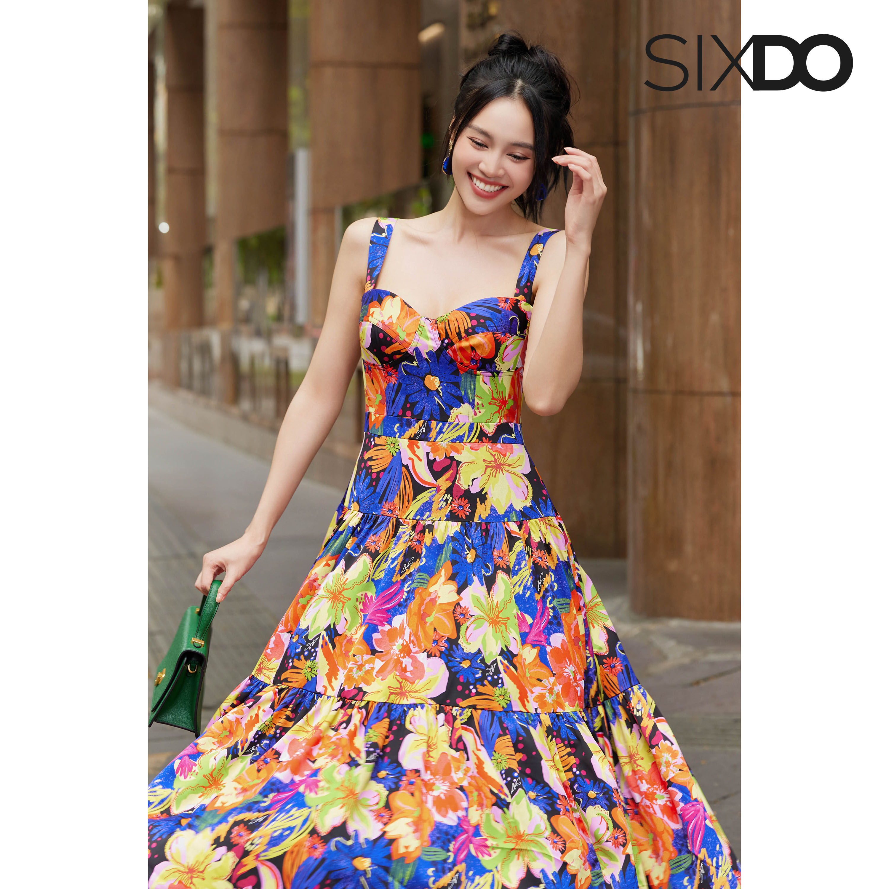 Đầm lụa hoa hai dây nhiều màu SIXDO (Multicolor Floral Midi Silk Dress)