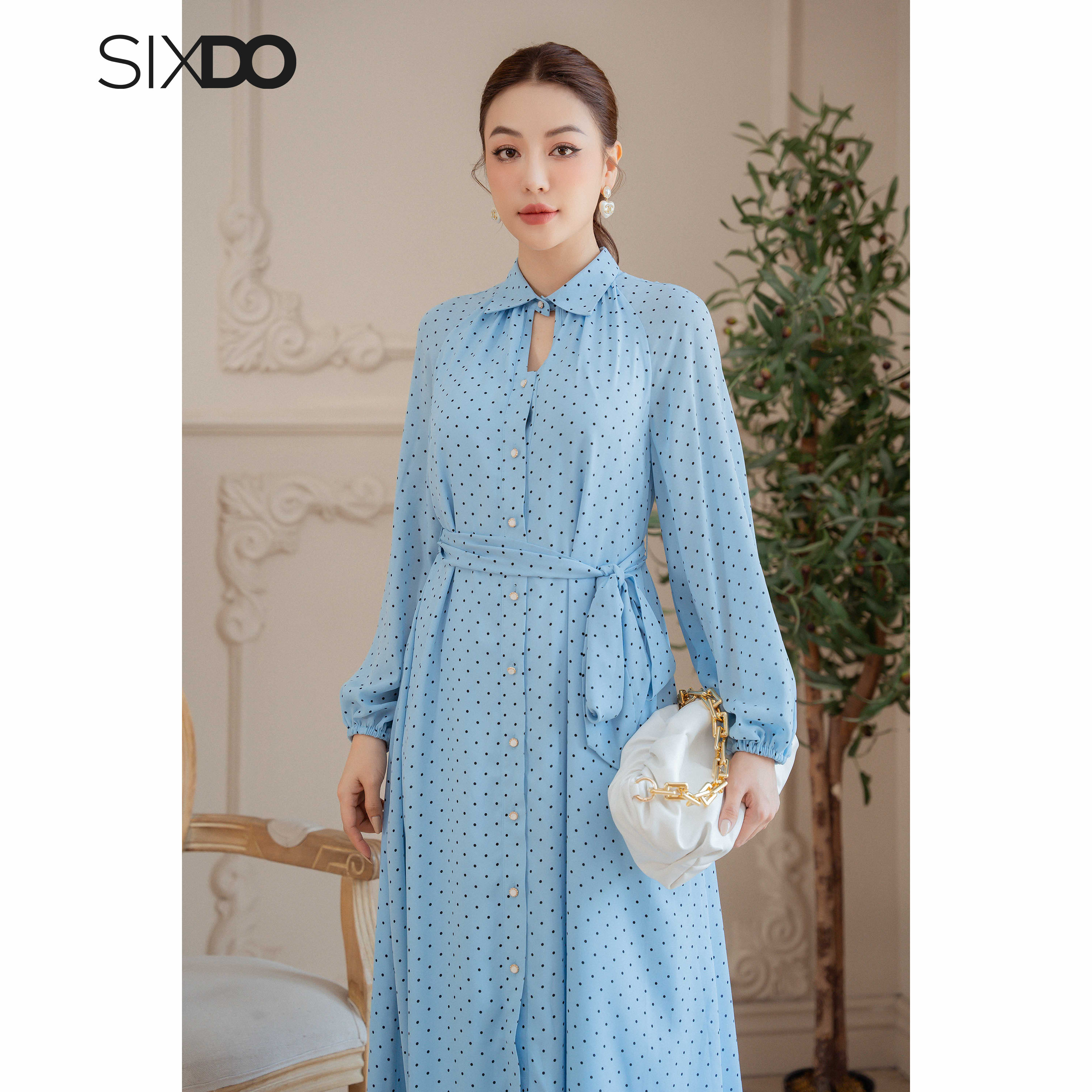 Đầm sơ mi chiffon chấm bi dài tay SIXDO