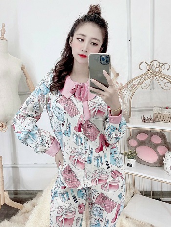 [HCM]SÉT BỘ LỤA SATIN BÁNH BÈO CỔ PHỐI THÊM NƠ