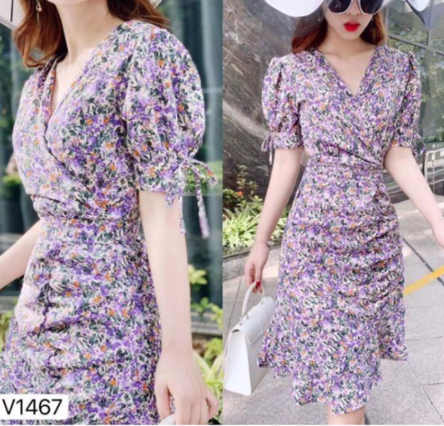 Đầm hoa nhí cổ V chéo lai đuôi cá