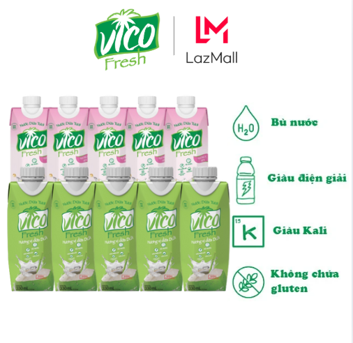COMBO 10 HỘP NƯỚC DỪA VICO FRESH 330ML (5 SEN, 5 DỨA)