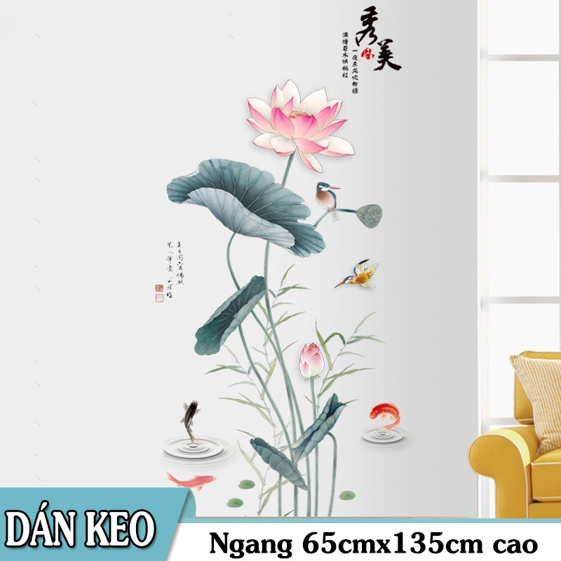 Decal dán tường hoa sen chim và cá