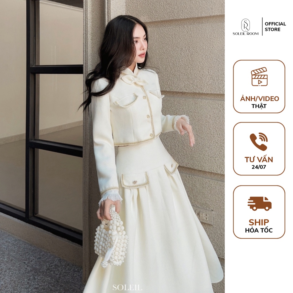 Set áo khoác dạ croptop chạy viền nổi kèm chân váy dạ dài cạp cao tôn dáng sang chảnh pearly set