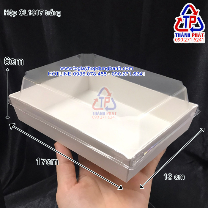 50 Hộp giấy trắng chữ nhật đựng bánh 1317 - Hộp giấy nắp nhựa trong đựng bánh