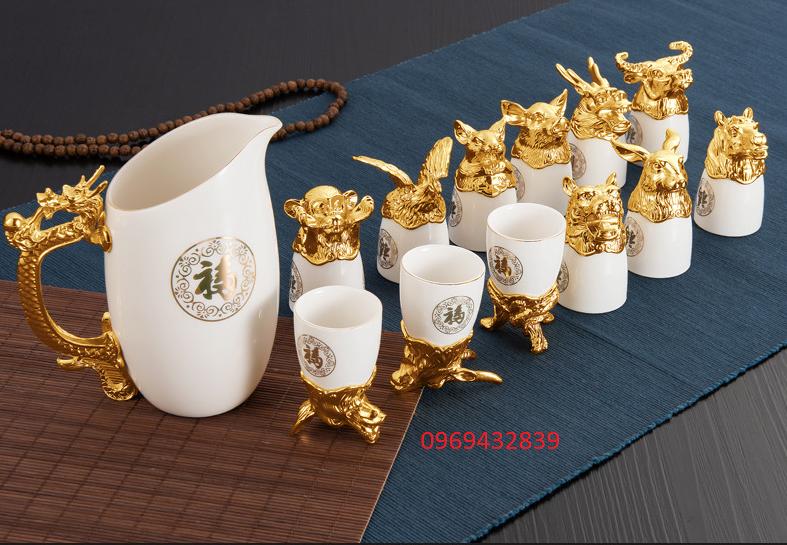 Bộ Ly Gốm 12 con giáp mạ vàng