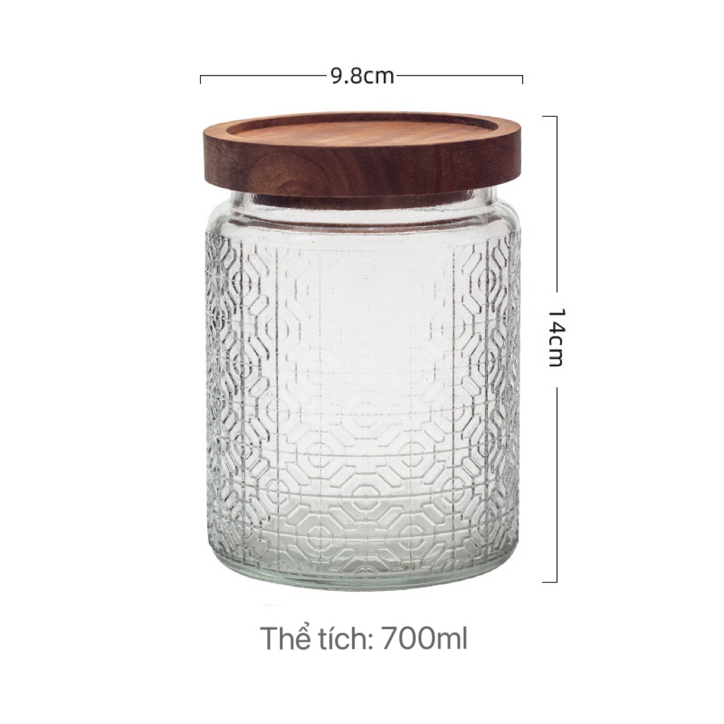 Lọ thủy tinh hoa văn, hộp thủy tinh hoa văn nắp gỗ, hũ thủy tinh hoa văn nắp gỗ cao cấp