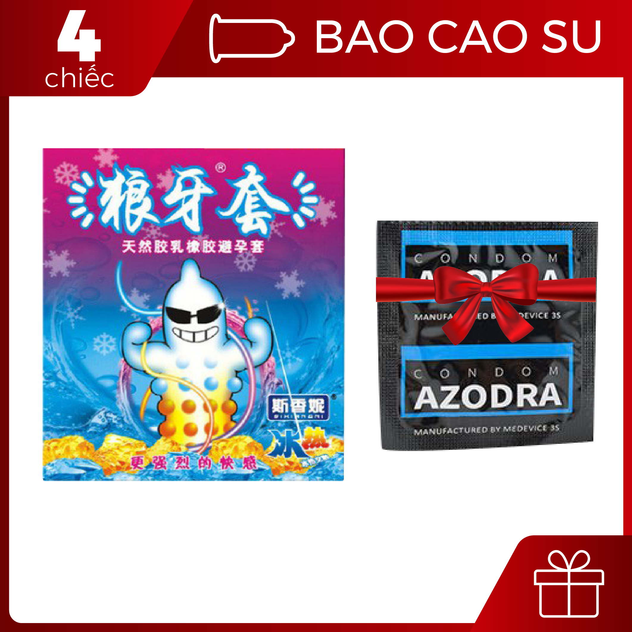 [HCM][CHE TÊN KÍN ĐÁO]1 chiếc bao cao su Azodra 4in1 super long shock đi kèm bao cao su lực sĩ 2in1 loại 3 chiếc - 1 set - BigBull Shop