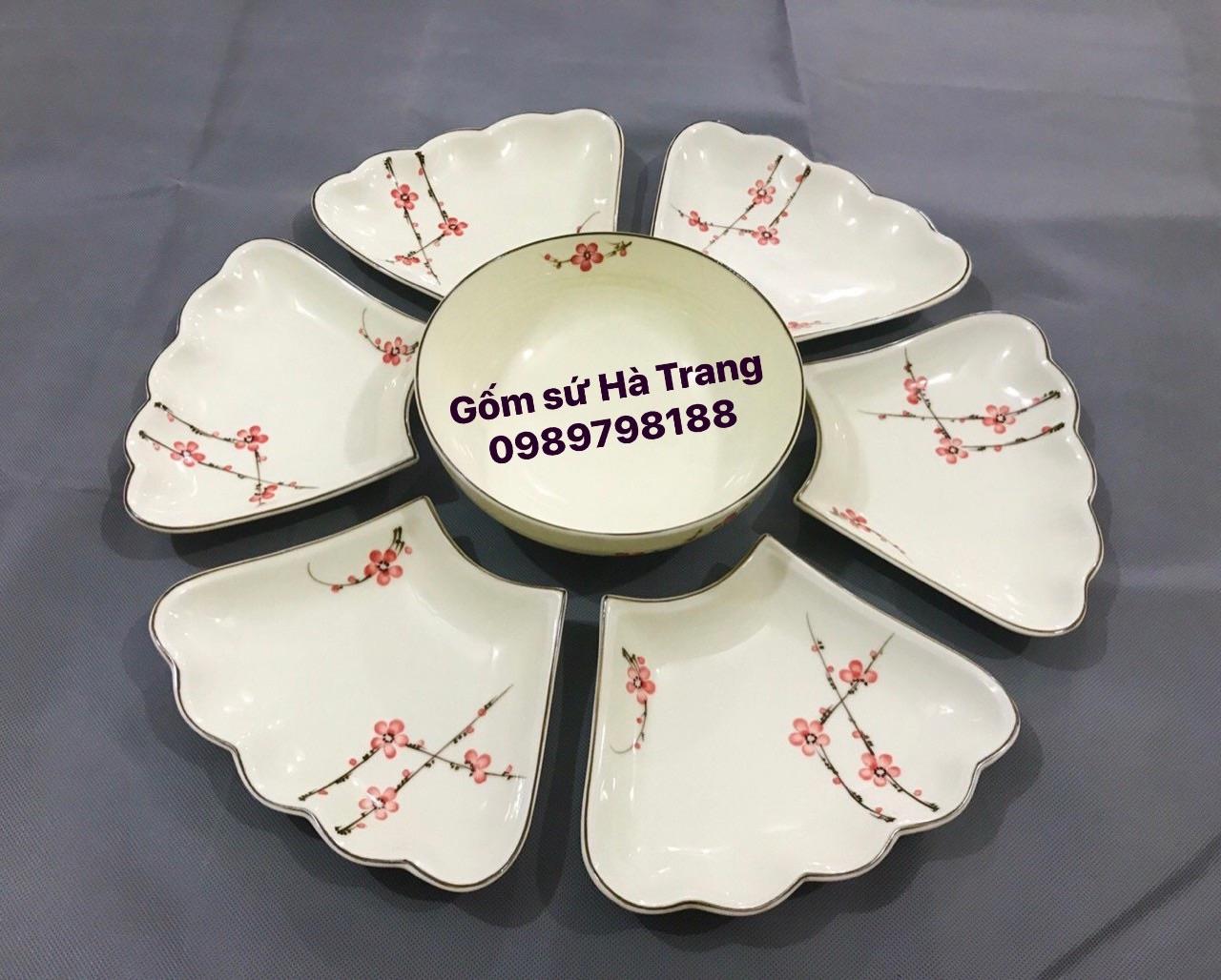 Set đĩa hoa mặt trời gốm sứ Bát Tràng vẽ đào đỏ