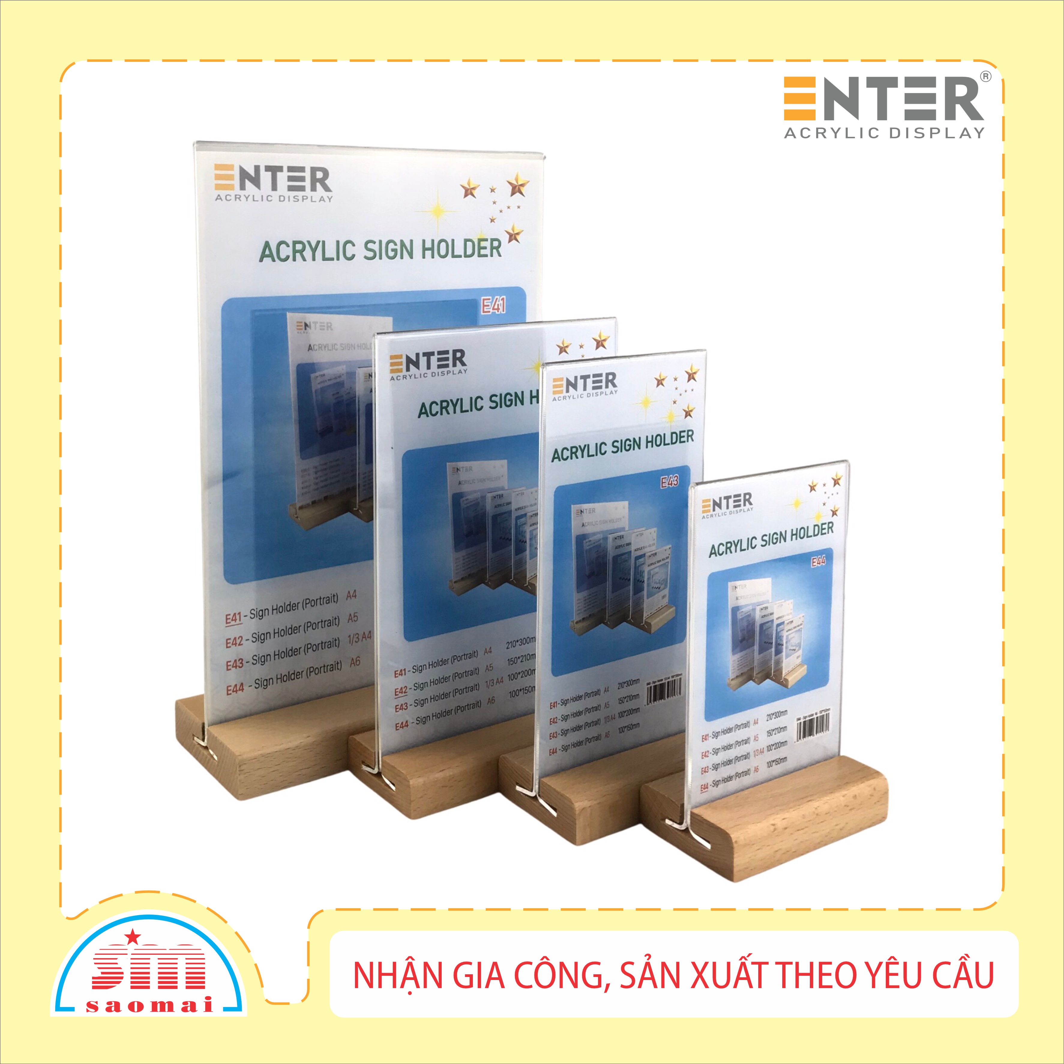 Kệ 2 mặt mica enter e42 15x21cm đế gỗ a5 đứng