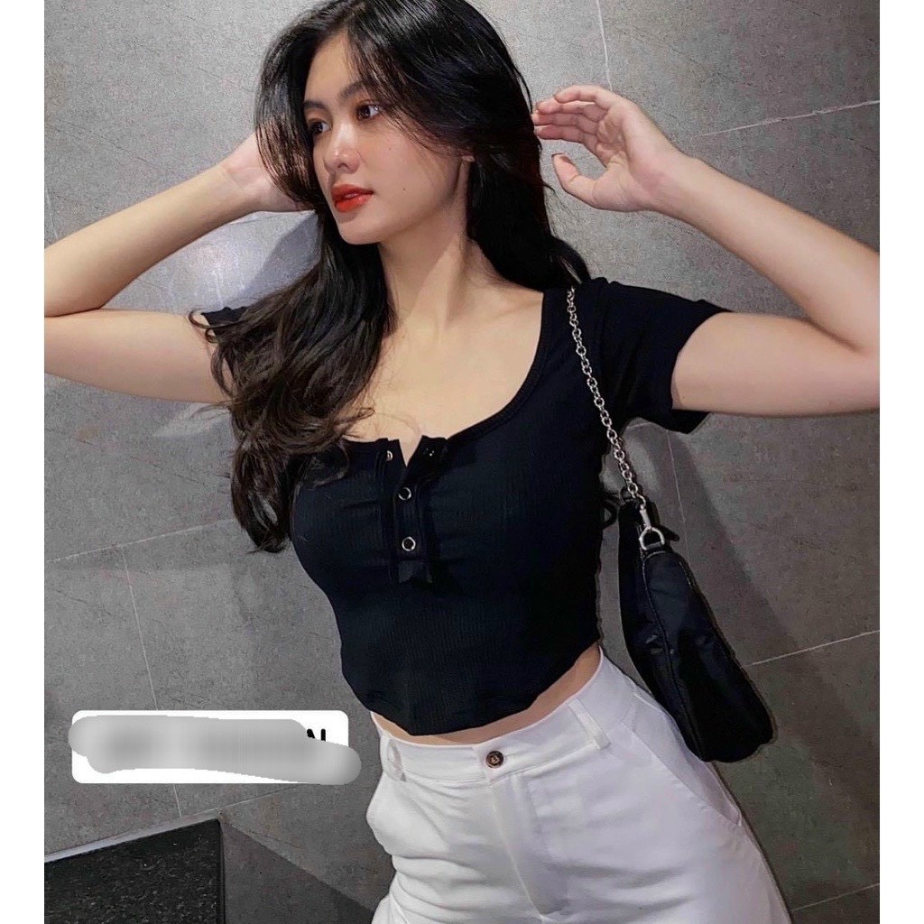 [Ảnh thật] Áo Croptop Borip Cúc Bấm Vạt Bầu A5245