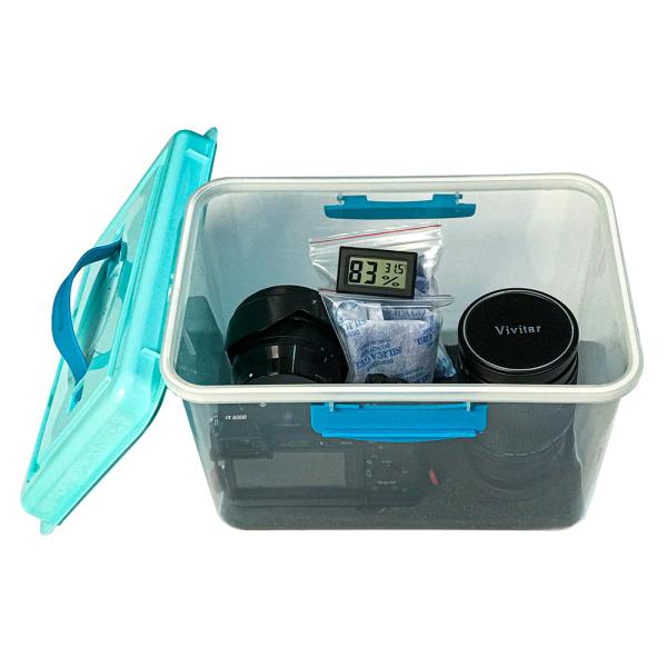 [HCM]Combo hộp chống ẩm máy ảnh flycam 6 lít (ẩm kế điện tử 200g hạt hút ẩm xanh tặng mút xốp)