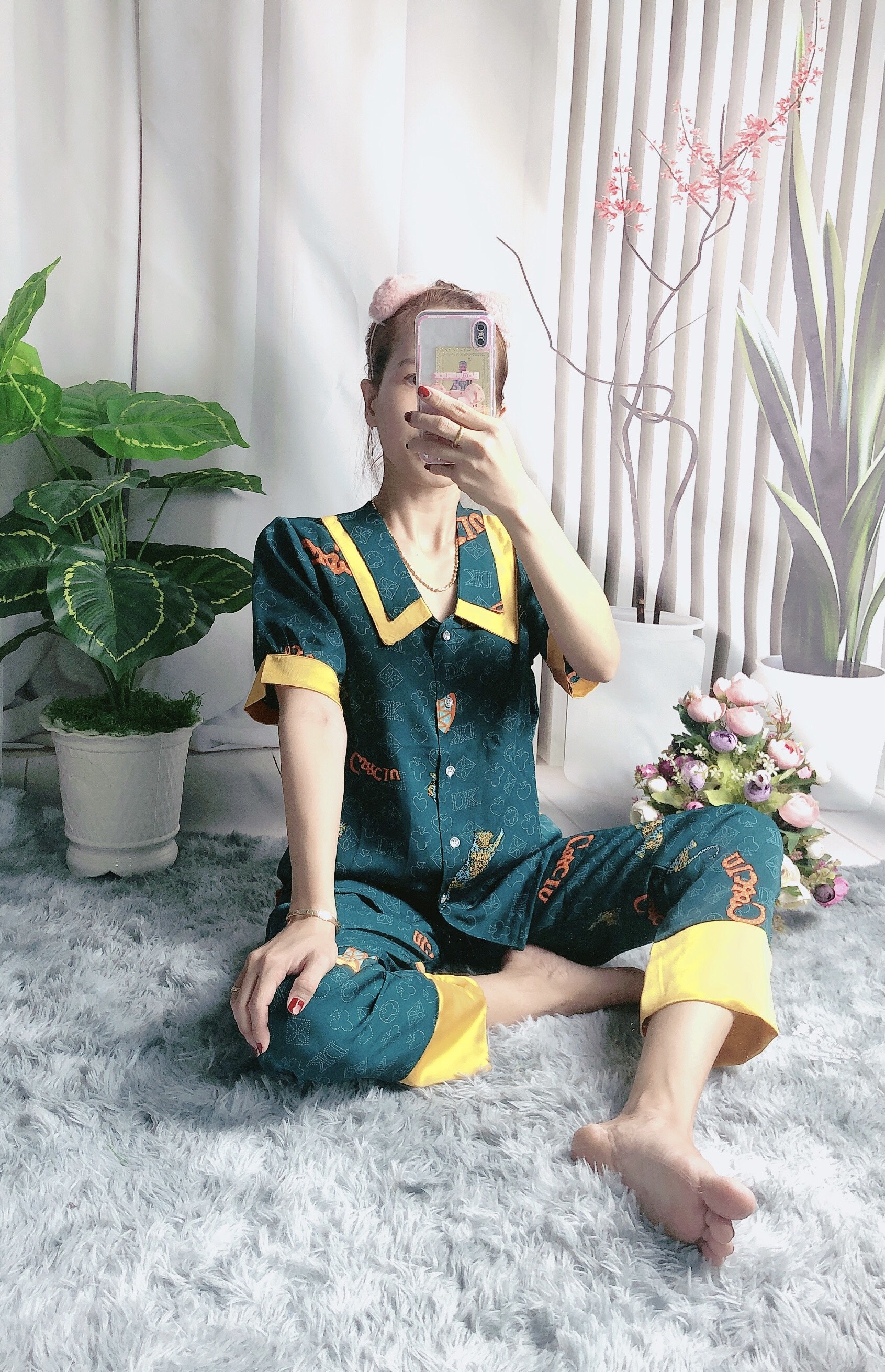 Đồ bộ ngủ Nữ pizama cổ phối vải lụa mango - Hình chụp thật