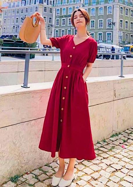 [HCM]Đầm đỏ form dài bo eo v2