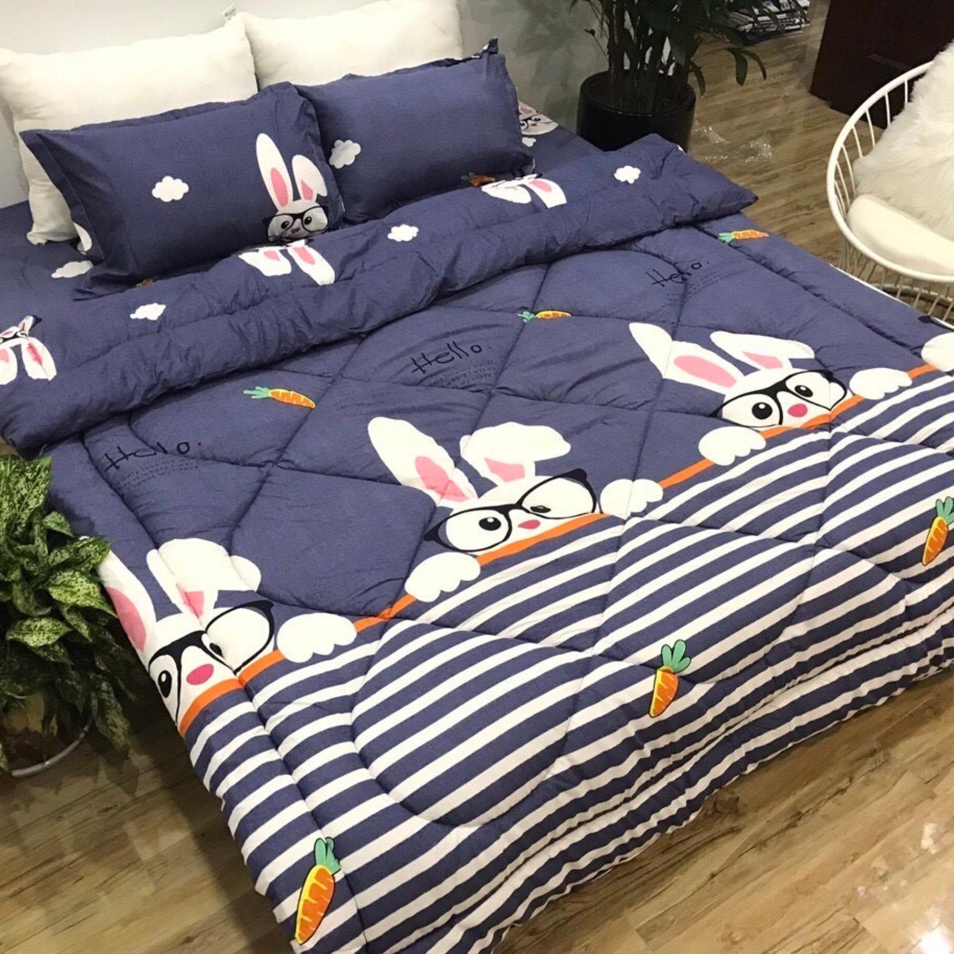 BỘ CHĂN GA GỐI CHẦN PHAO 5 MÓN THỎ ĂN CÀ RỐT + TẶNG VỎ ÔM
