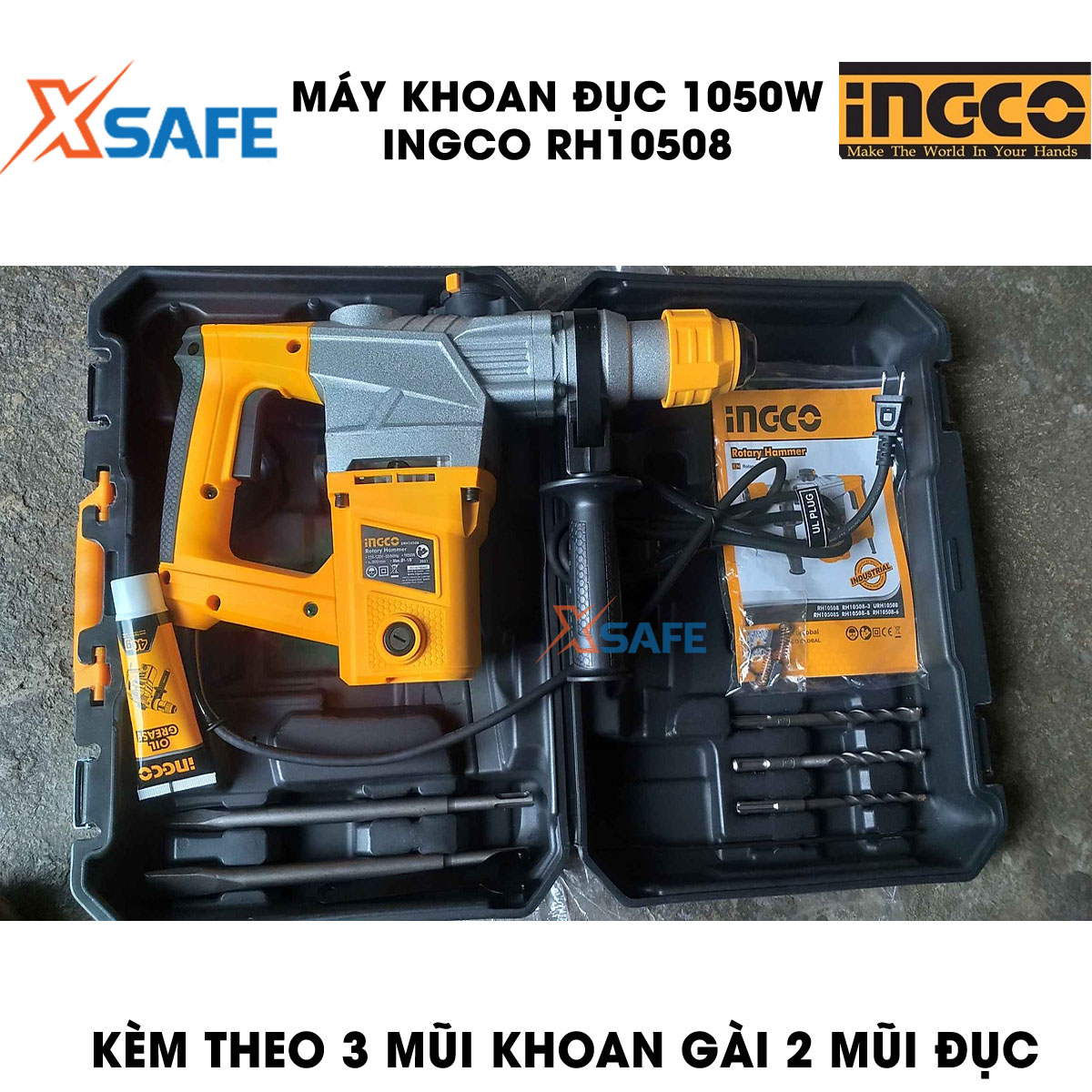 Máy khoan búa cầm tay 3 chức năng 1050w Ingco RH10508 đầu khoan gài sds, tốc độ 900rpm; tốc độ đập 4000bpm, lực đập 5j, khả năng khoan bê tông 28 mm, đục 14mm, thép 13mm, kèm 3 mũi khoan gài, 2 mũi đục Máy khoan đ