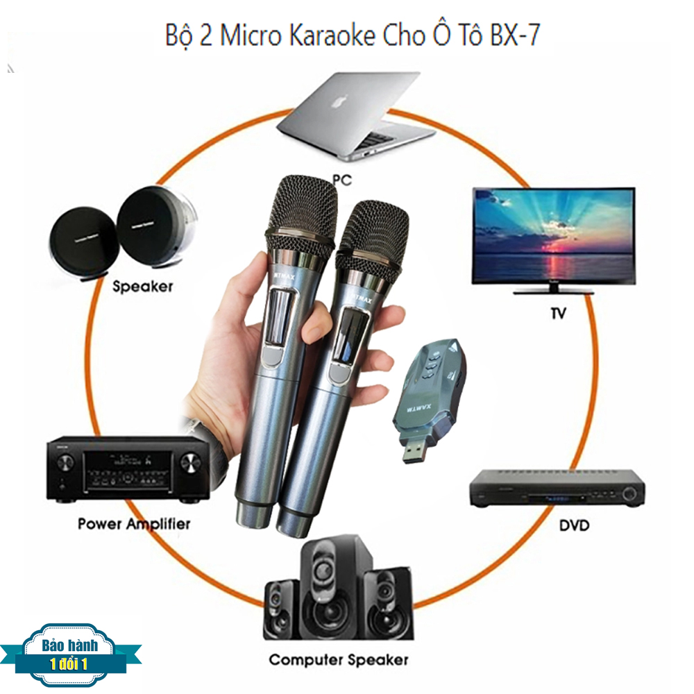 Bộ 2 Micro Karaoke Cho Ô Tô BX7 Cao Cấp - Mic Không Dây Đa Năng Cho Xe Hơi Hát Karaoke Cực Hay, Độ Nhạy Cao, Chống Hú Tốt, Kết Nối Đa Dạng Với Ô Tô, Tivi, Loa Bluetooth, Laptop, Mixer, Amply