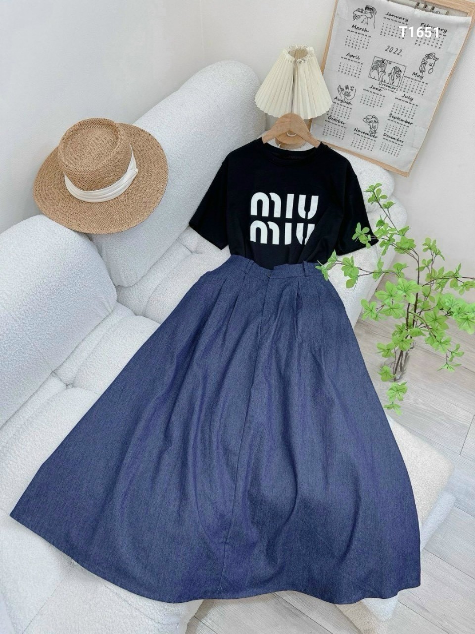 Set áo tăm lạnh fom rộng thụng chân váy jean có túi T1651