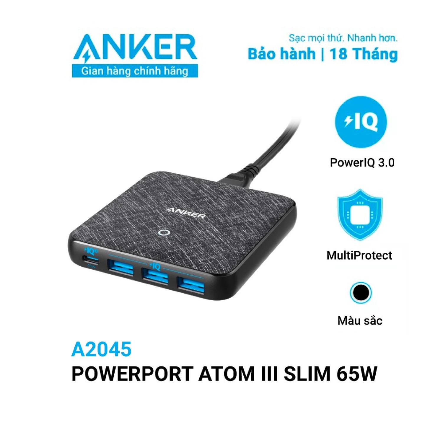 [Anker Việt Nam] Sạc ANKER 4 cổng PowerPort Atom III Slim 65w PIQ 3.0&GaN - A2045