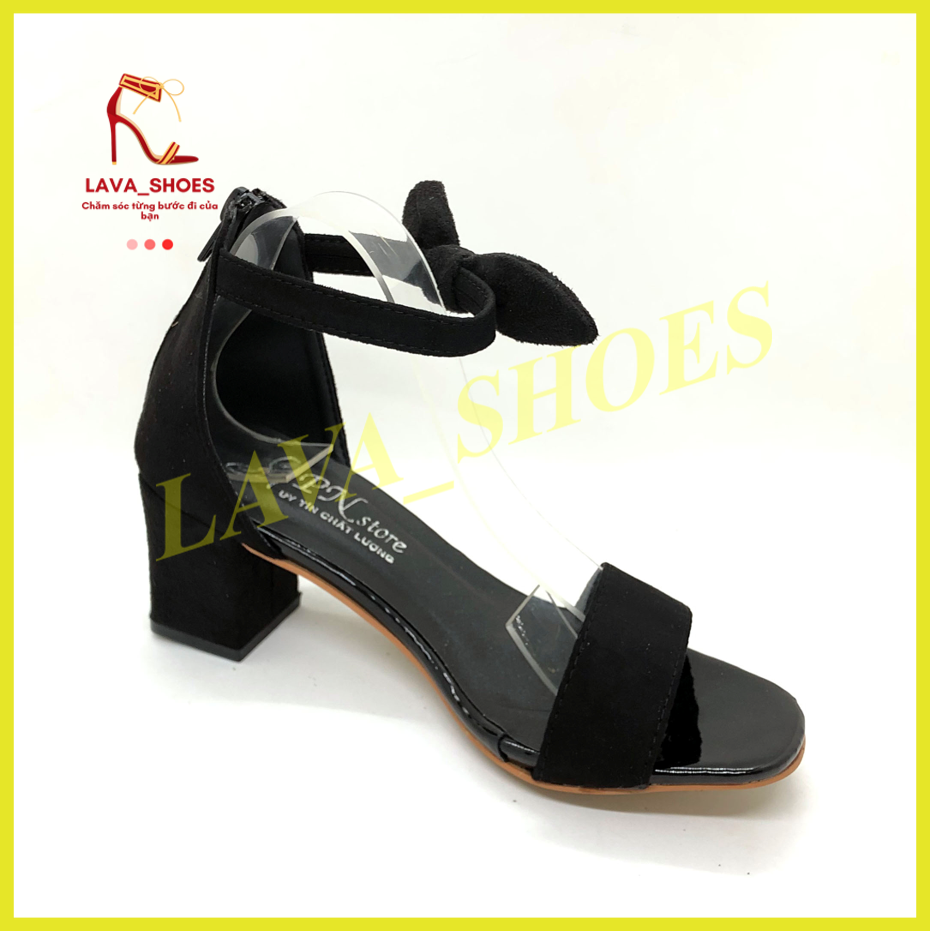 Giày sandal nữ cao gót vuông 5p quai bản nhung nơ cổ chân dây kéo sau - SD120