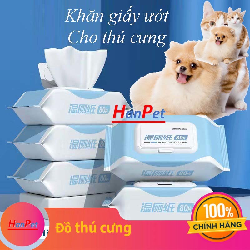 Khăn Giấy Ướt Kháng Khuẩn, khăn ướt Tắm Khô Cho Chó mèo 80 miếng