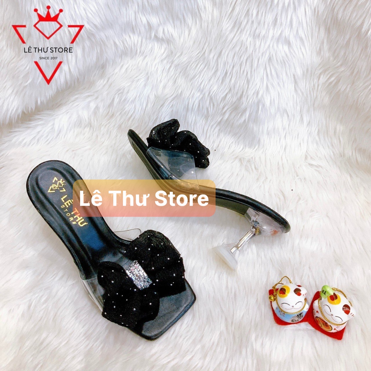 Guốc dép nữ 7 phân quai trong kết nơ bèo đính đá gót ly trong LT