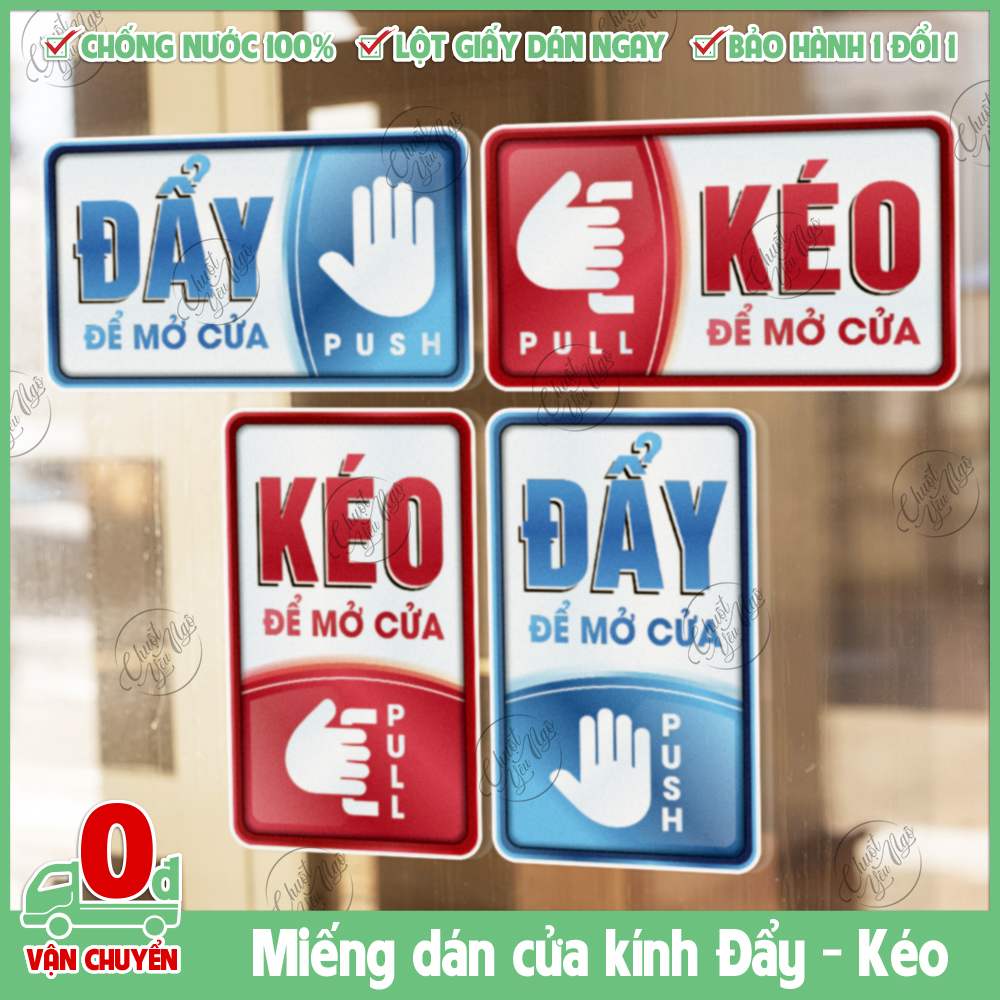 Miếng dán pull push đẩy kéo decal hình dán cửa kính decor trang trí cửa ra vào chất liệu chống thấm nước 19x11cm