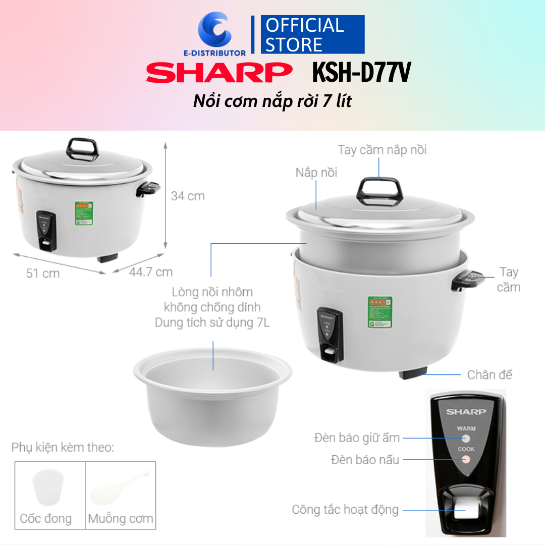 Nồi Cơm Điện Nắp Rời Sharp KSH-D55V (5 Lít)/KSH-D77V (7 Lít) - Trắng - Hàng chính hãng