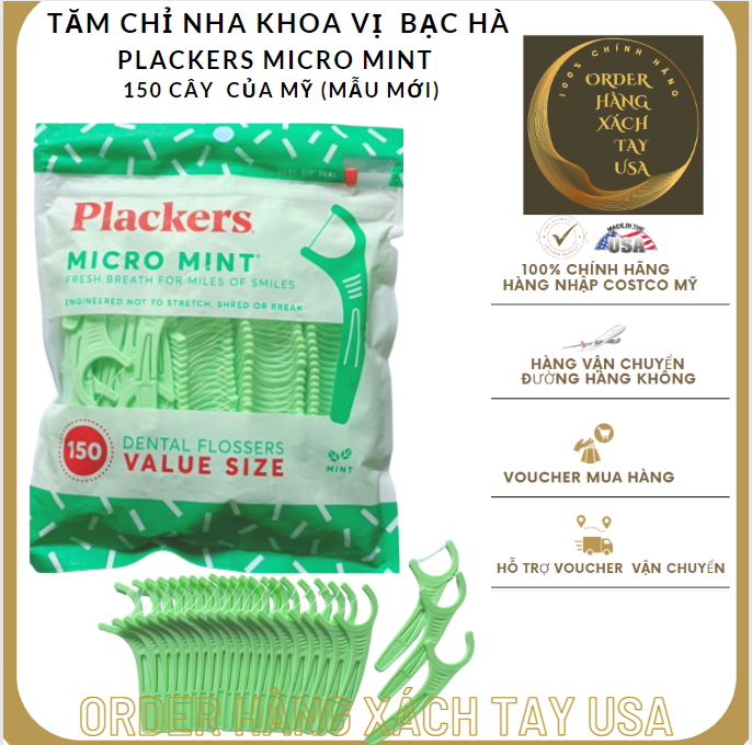 Tăm chỉ nha khoa Plackers Micro Mint Mỹ (150 cây vị cây Bạc Hà) Mẫu mới