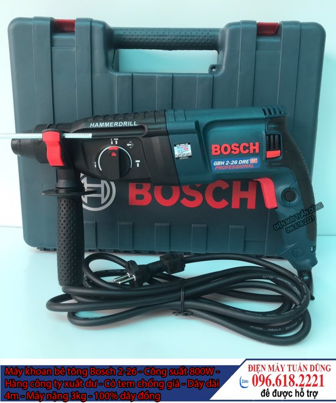 Máy khoan đục bê tông 3 chức năng Bosh 2-26 - Công suất 800w - Hàng công ty xuất dư - Có tem chống giả - Made in Germany - Dây dài 4m - Máy nặng 3kg - 100% dây đồng