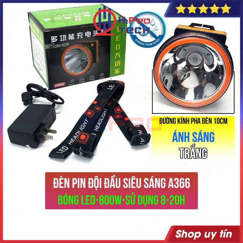 Đèn Pin Đội Đầu Siêu Sáng Led A366-800W-Chiếu Xa 500m-Pin Khủng-Dùng 8-20h, Chống Nước, Sáng Trắng Hoặc Vàng-H2Pro Tech