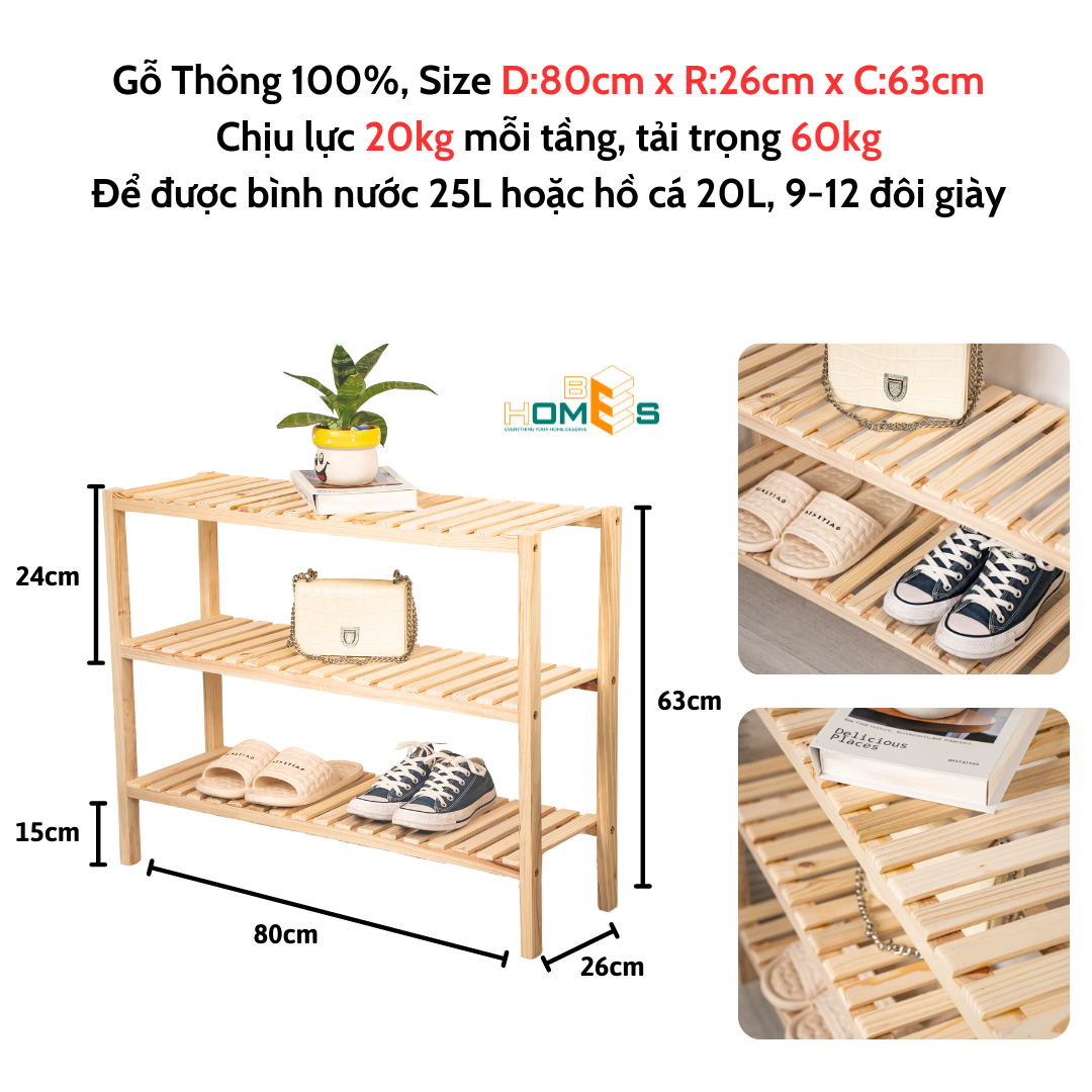 Kệ giày gỗ Behomes 3 tầng 80 cm