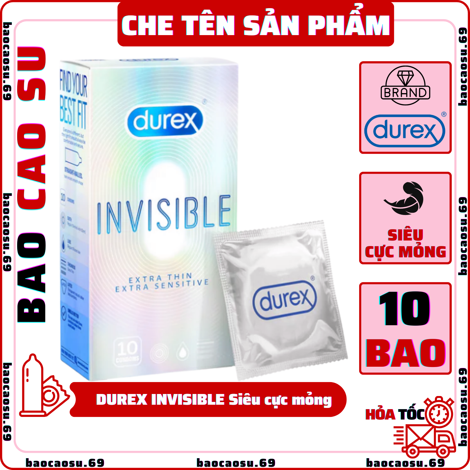 Bao Cao Su Durex Invisible Siêu Cực Mỏng Hộp 10 Cái