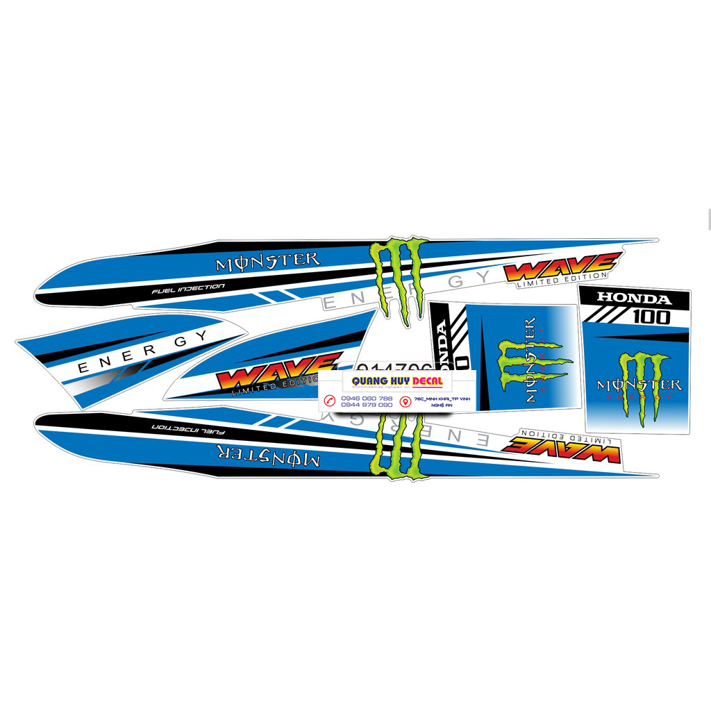 Tem rời wave 100 xanh trắng monster - Độ tem rời xe wave 100 xanh trắng monster chỉnh sửa thiết kế - Chế tem rời xe máy wave 100 rẻ đẹp