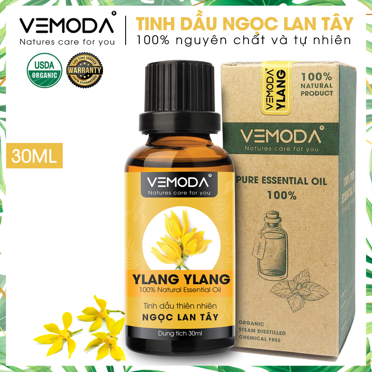 Tinh dầu Ngọc lan tây cao cấp Vemoda 30ML | Ylang Ylang Essential Oil. Tinh dầu xông phòng. Tinh dầu thơm phòng mùi hương Ngọc Lan Tây giúp khử mùi, thanh lọc không khí, giảm căng thẳng, tạo cảm giác lãng mạn, ngọt ngào