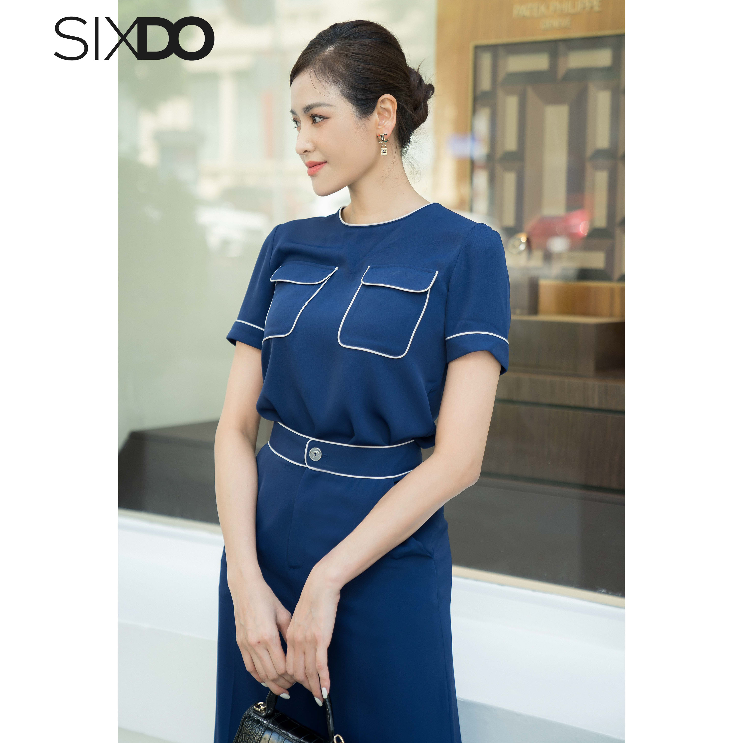 Áo lụa kiêu nữ ngắn tay phối viền trắng SIXDO (Short Sleeves Silk Top)