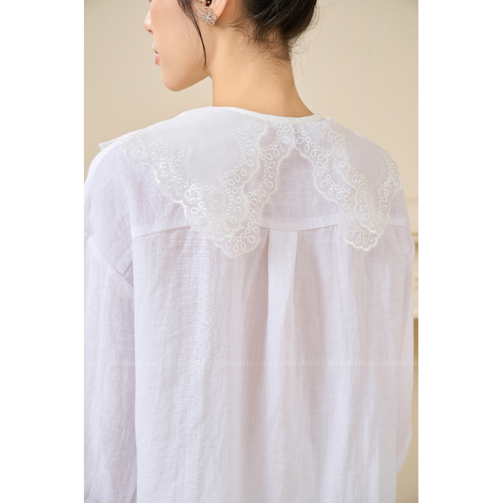 Áo Sơ Mi   Linen Cổ Thêu Họa Tiết Phối
