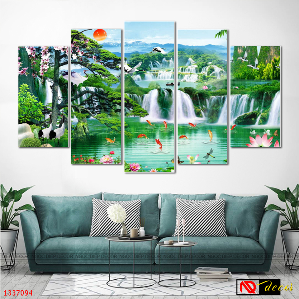 Bộ 5 tấm tranh dán tường phòng khách Sơn Thủy hữu tình -Trang décor phong cách hiện đại, có sẵn băng keo