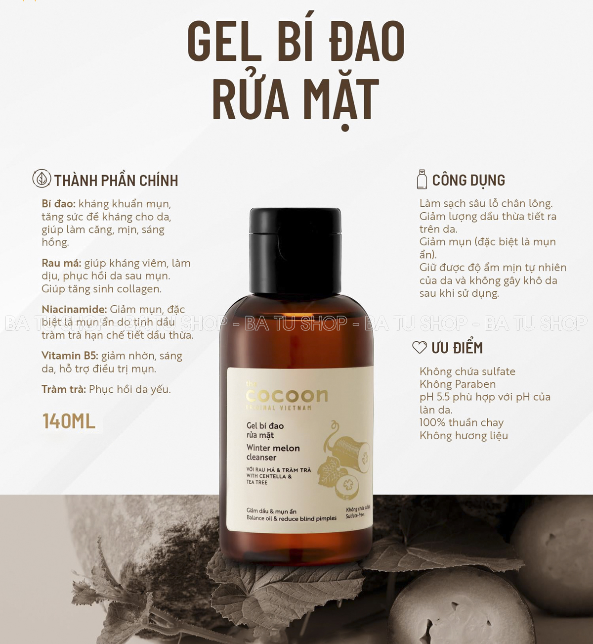 Gel rửa mặt bí đao Cocoon Vietnam 140ml (Winter melon cleanser) [CHÍNH HÃNG]