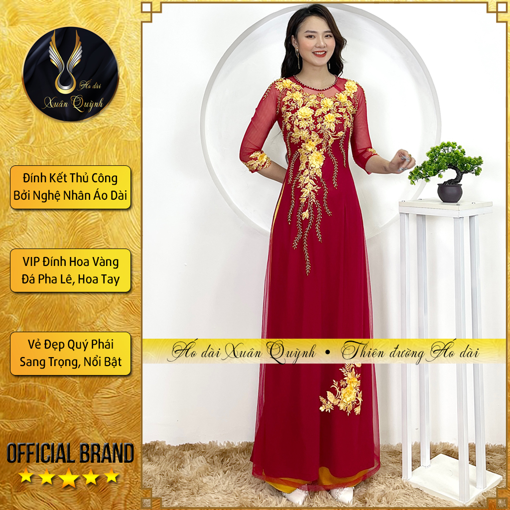 Áo dài sui gia đám cưới đám hỏi, hoa thêu m01 đỏ đô - áo dài xuân quỳnh