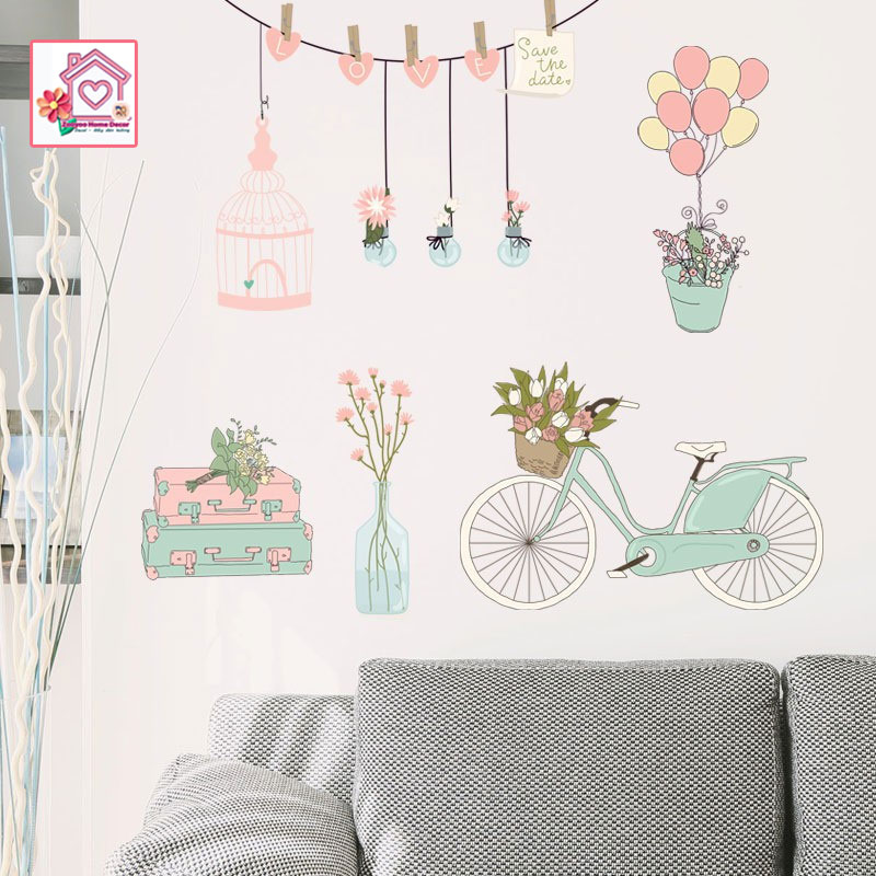 Decal dán tường Xe đạp, bong bóng bay và hoa SK7159 trang trí tường phòng khách phòng ngủ - Sticker - Miếng dán tường - Hình dán
