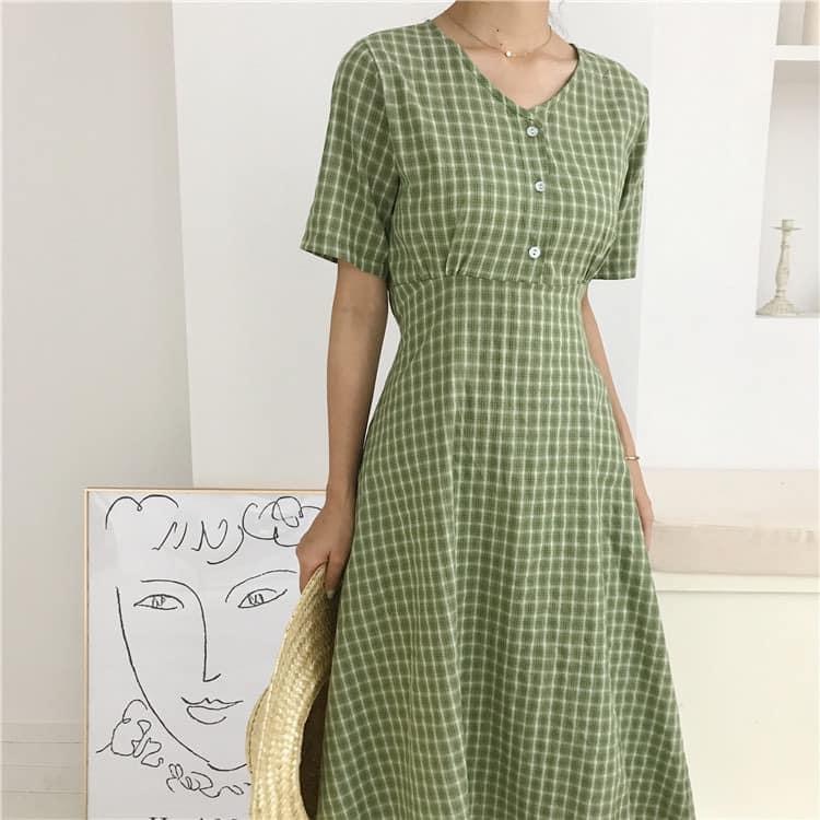 VÁY KẺ CARO DÁNG VINTAGE CÓ DÂY THẮT EO ( ảnh thật ở cuối )