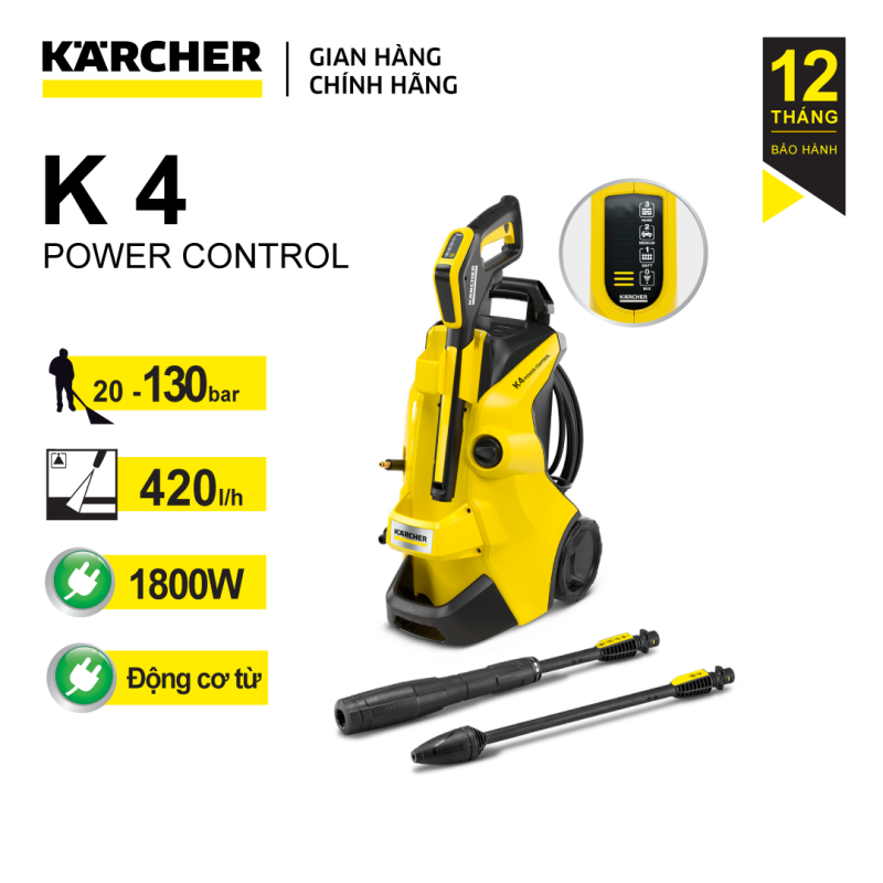 (Sản xuất Ý) Máy phun rửa áp lực cao Karcher K 4 Power Control động cơ từ, công suất 1800W và áp lực đến 130 bar, dây áp lực dài 8 mét (dòng sản phẩm mới 2021 cải tiến của dòng k4 full control cũ)
