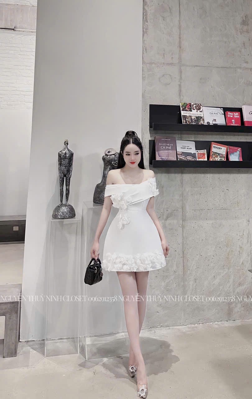 Đầm trễ vai chiết eo đính hoa tà chất tapda đi chơi, dự tiệc sang trọng, Đầm thời trang trễ vai chiết eo tôn dáng DX