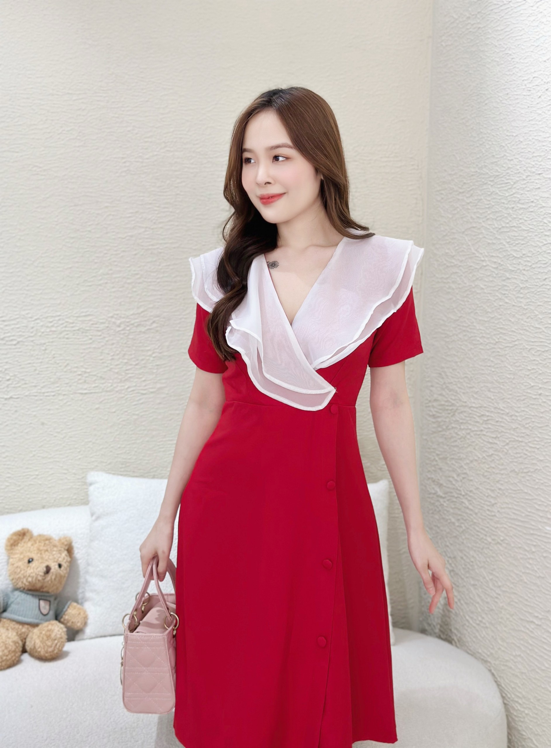 Đầm xòe cổ phối bèo, đính nút Misa - MS0268