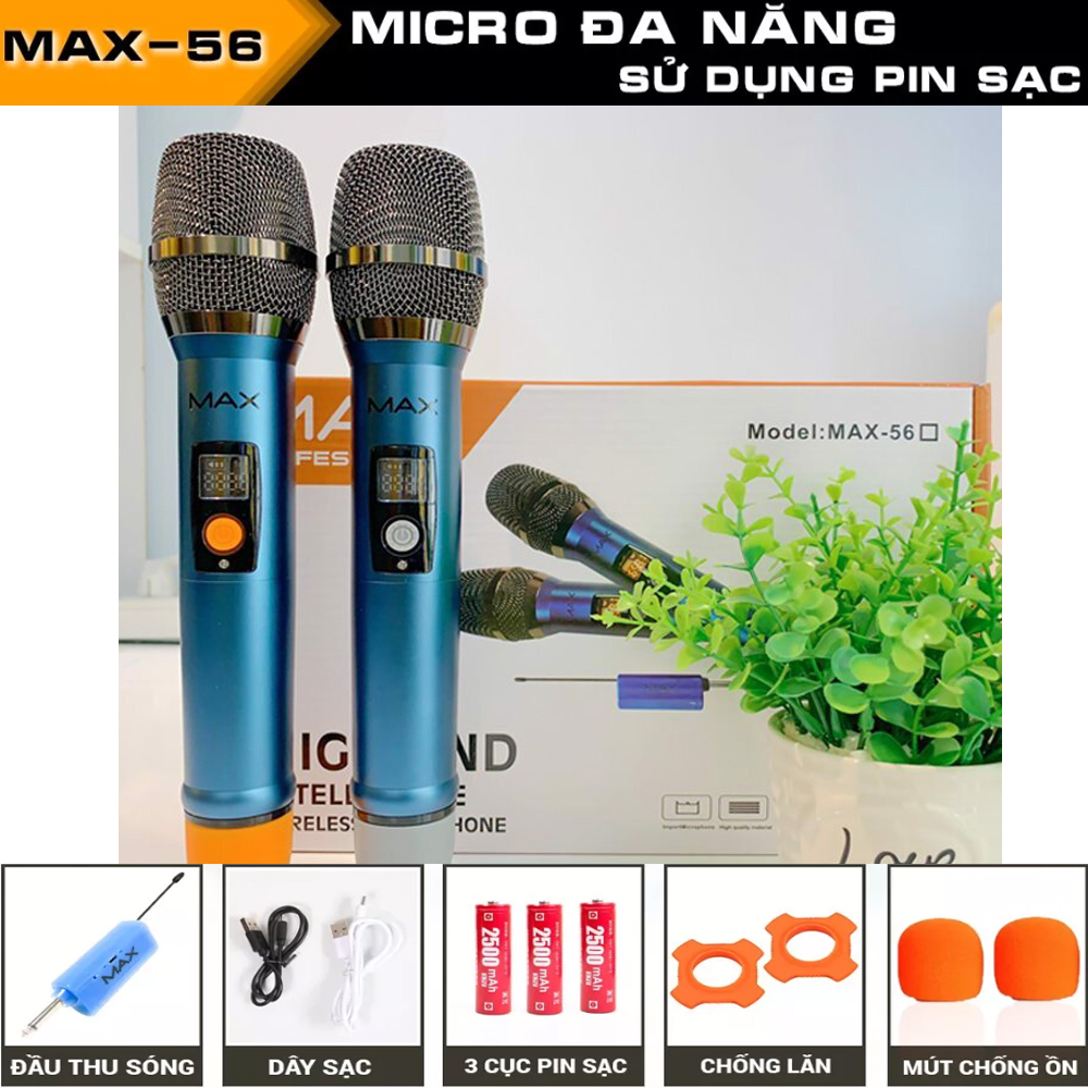 Micro Không Dây.micro hát karaoke không dây Đa Năng Max 56 - Micro Không Dây Karaoke - Mic Hát Karaoke Hút Âm Tốt, Chống Hú Hiệu Quả, Sạc pin ngay trên mic, kết nối với nhiều loại thiết bị âm thanh Vang , loa kéo , amply , mixer