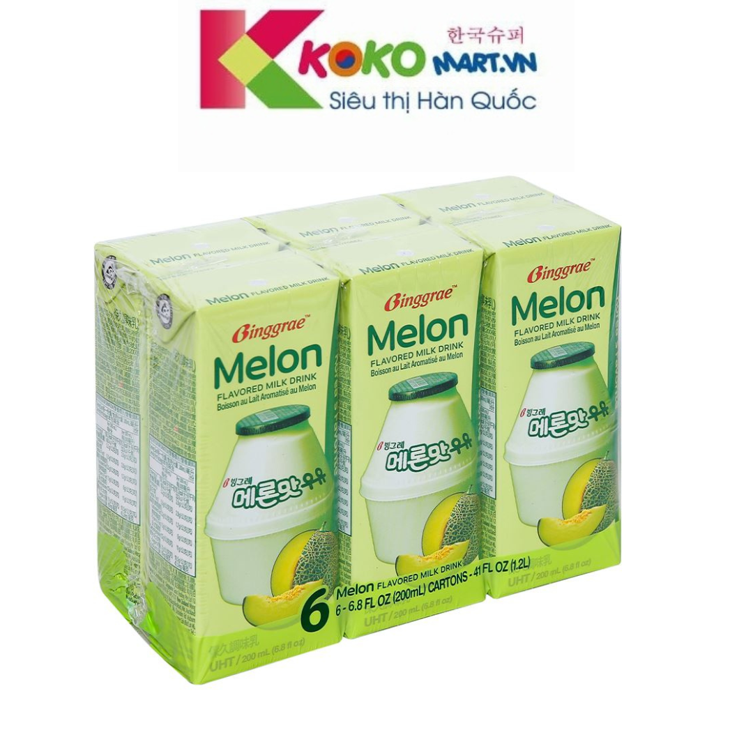 Sữa Binggrae Hàn Quốc vị dưa lưới lốc 6 hộp 200ml