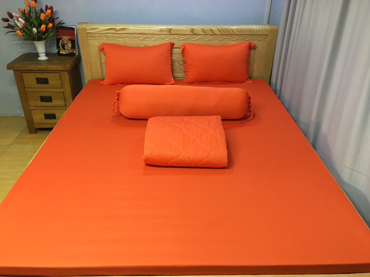 Bộ Ga Gối 4 Món Thun Lạnh Hàn Quốc Màu Cam - Chăn Ga Gối Thun Lạnh Hàn Quốc