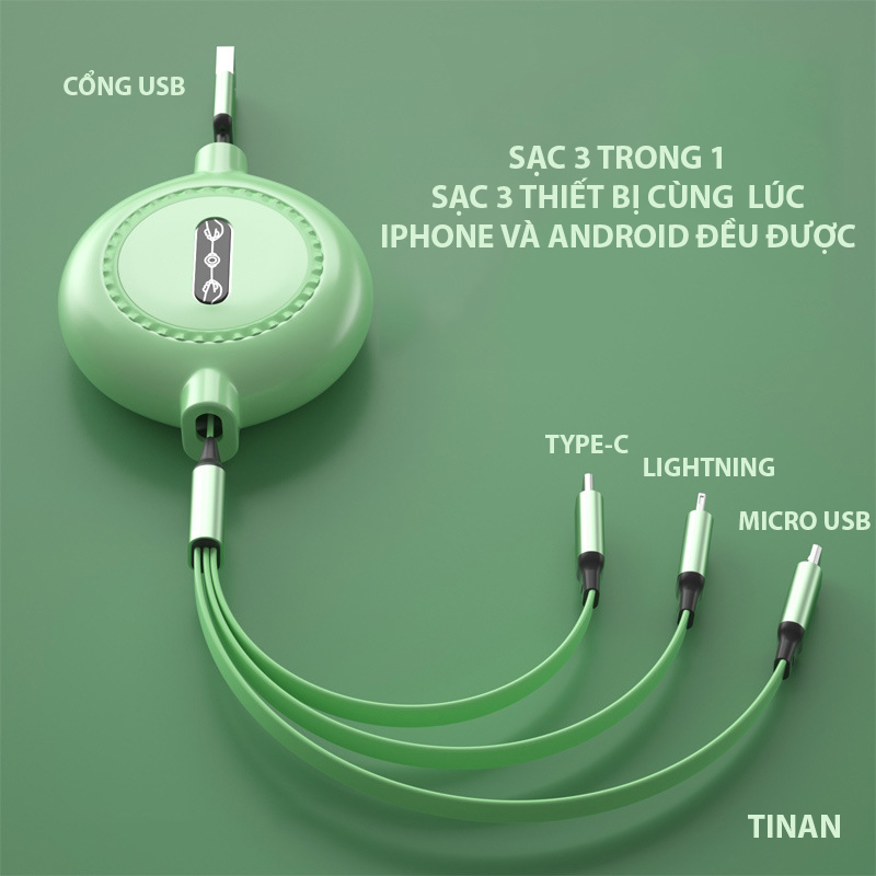 Cáp Sạc Nhanh USB 3 Trong 1 Chất Lượng Cao 2A, Iphone, Android