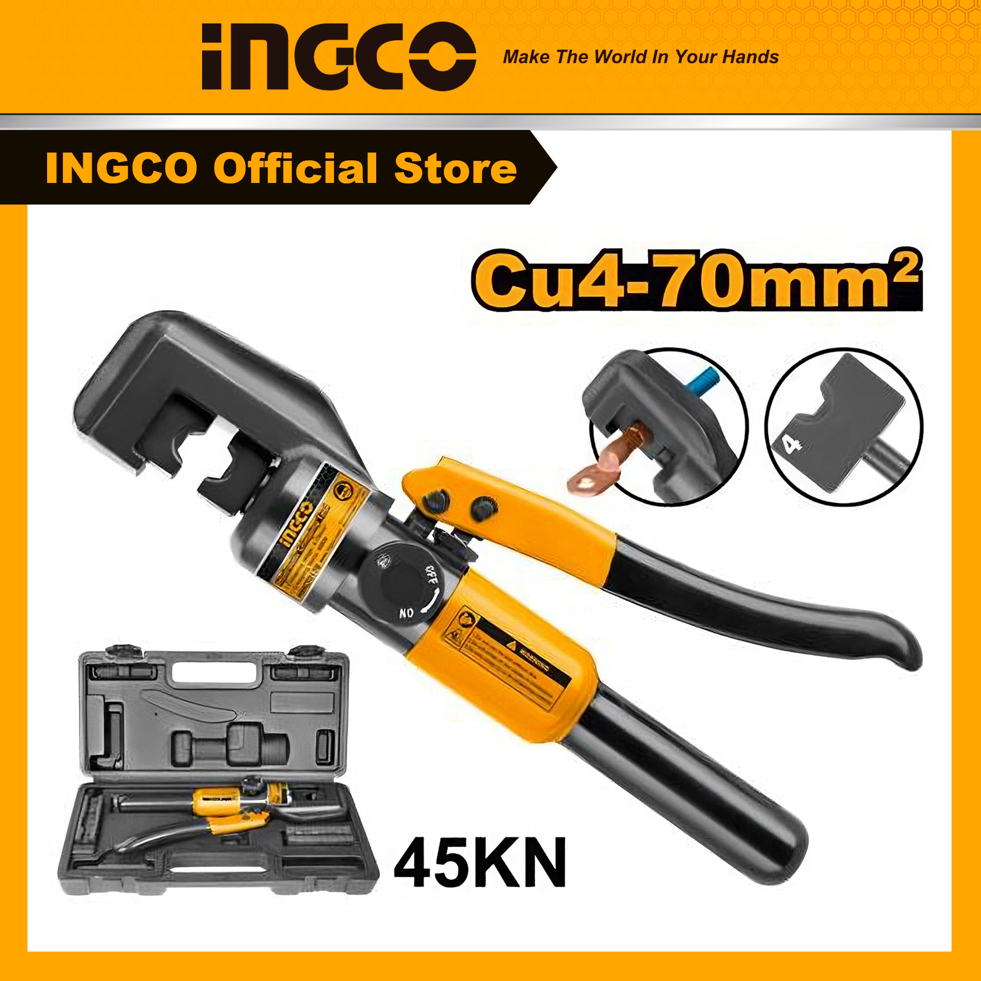 Kìm ép cốt thủy lực, kìm bấm cos thủy lực ingco hhct0170 kèm đai ốc size 4, 6, 8, 10, 16, 25, 35, 50, 70mm² và một bộ vòng chữ o