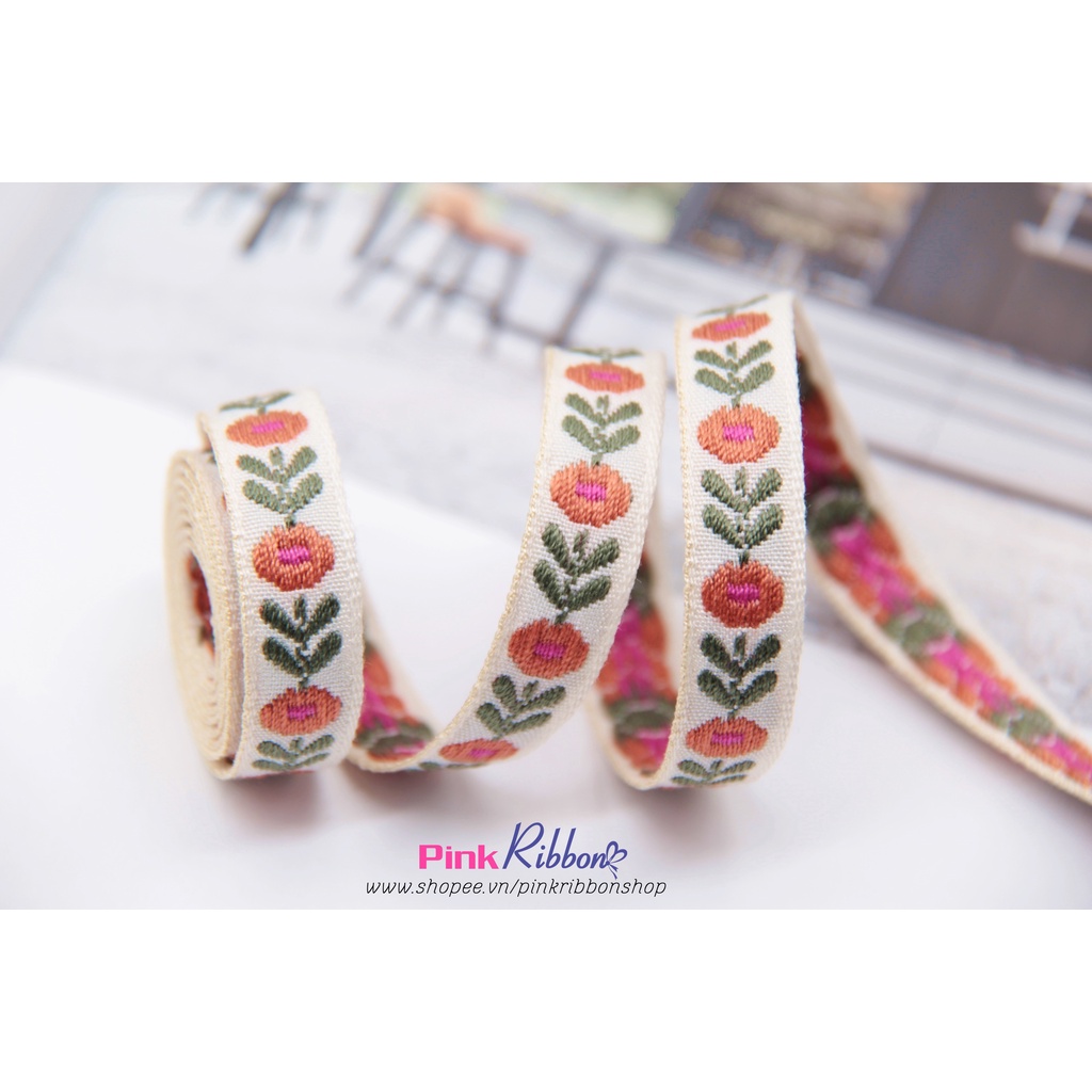 Ruy băng thô thêu hoa số 38, cỡ 1cm